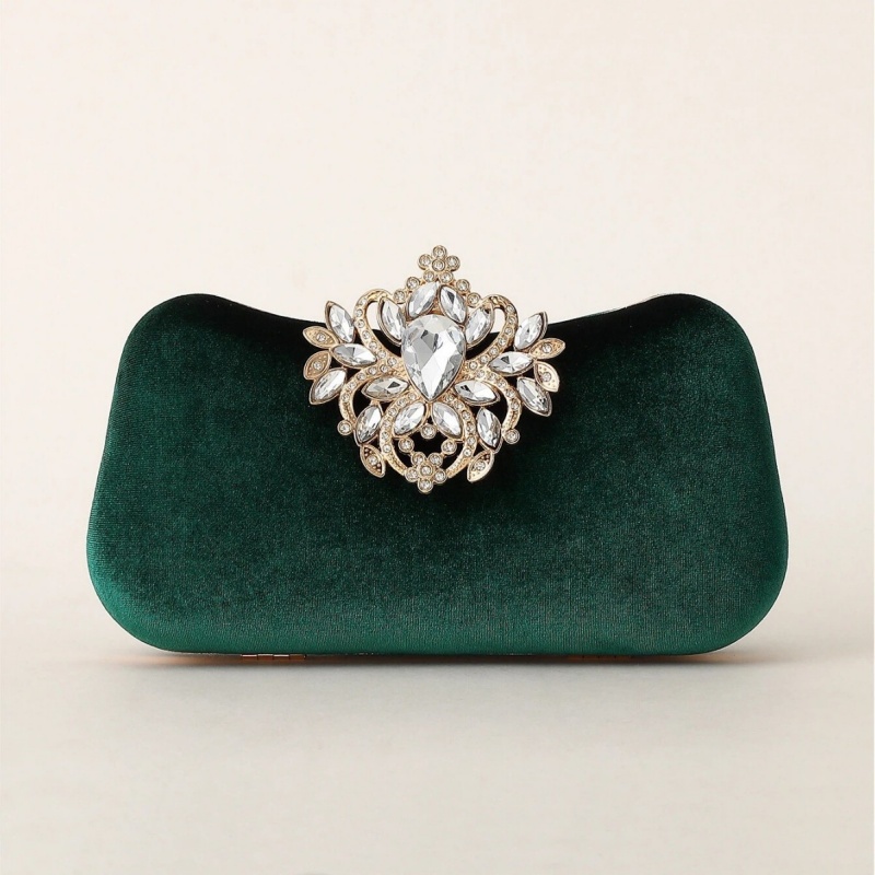 Women Bags Gold - Donkergroene fluwelen clutch tas luxe strass