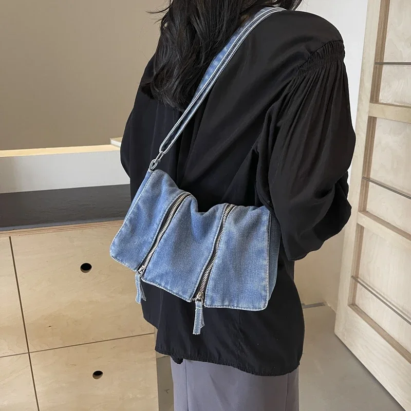 Women'S Bags New Look - Stevige denim veelzijdige schoudertas met ritssluiting