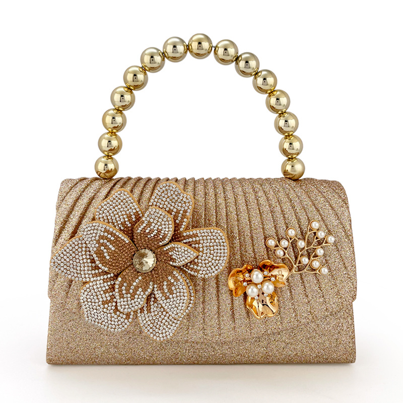 Women Bags Golden - Gouden sprankelende diamanten bloemenavondtas, handtas met